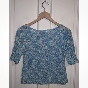 Vintage Handmade Crochet Crop Top Blue Pullover Boho Cottagecore Shabby Chic S/M